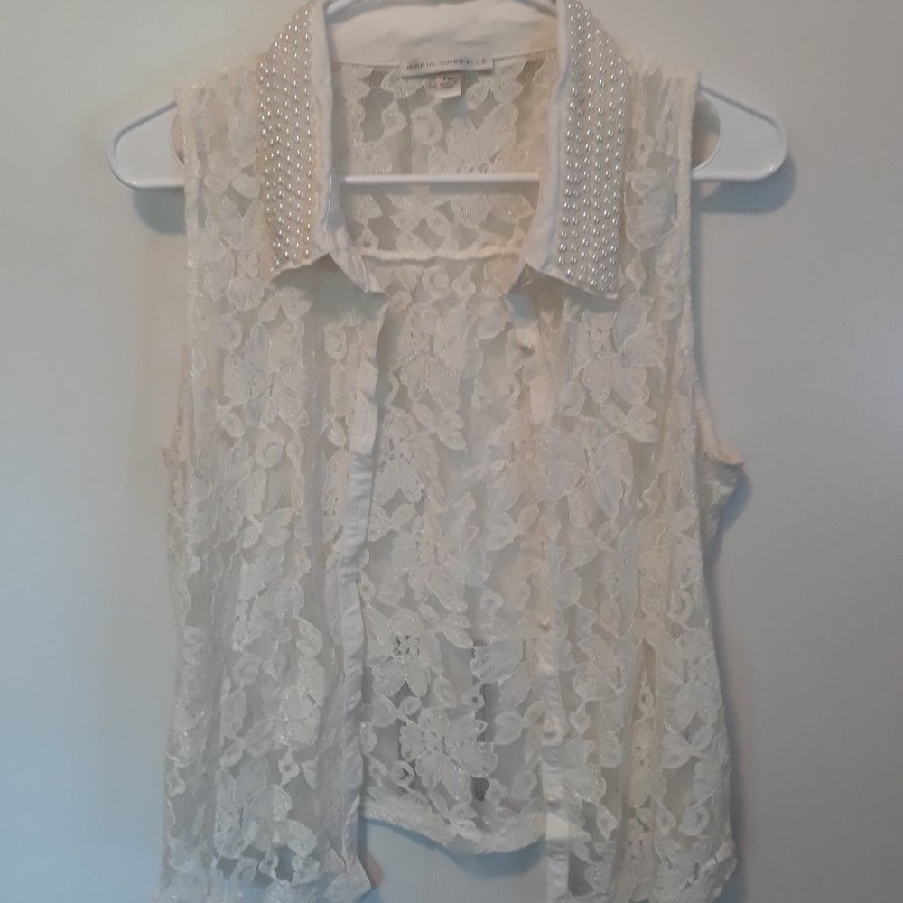 Maria Gabrielle White Laced Sleeveless Button Up Blouse Pearl Collar Size PXL